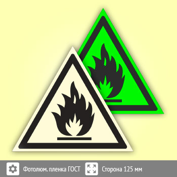 Знак W01 «Пожароопасно! легковоспламеняющиеся вещества» (фотолюминесцентная пленка ГОСТ 34428-2018, сторона 125 мм)